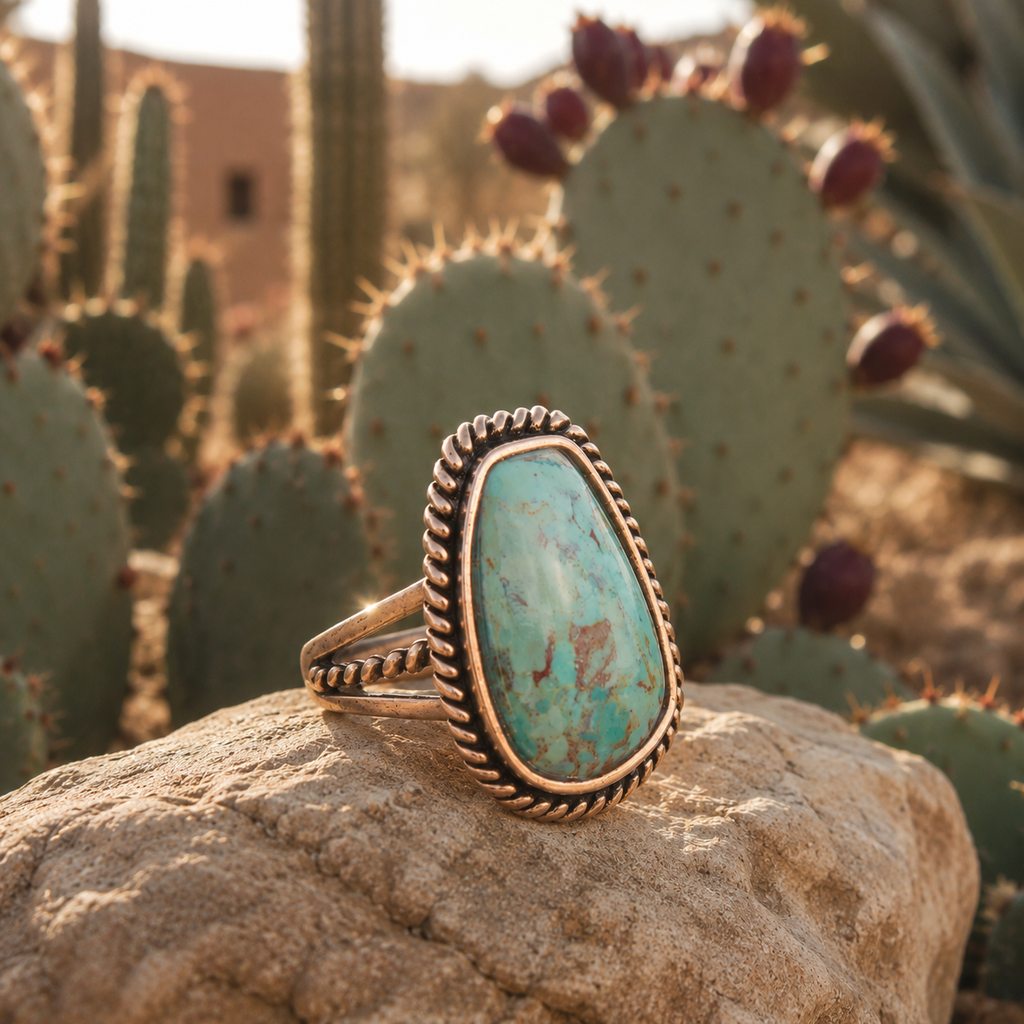 Blue Turquoise Rope-Detail Bronze Ring