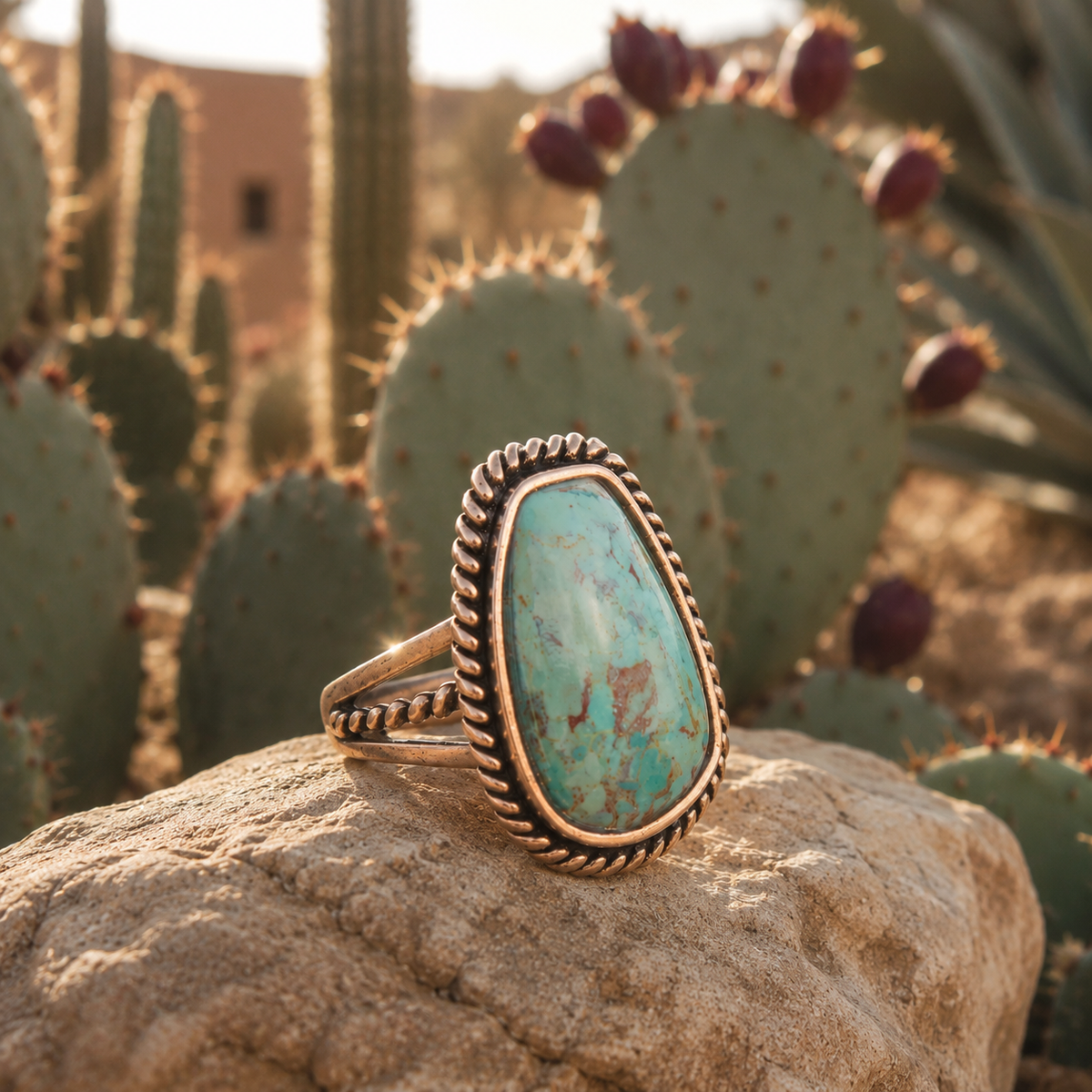 Blue Turquoise Rope-Detail Bronze Ring