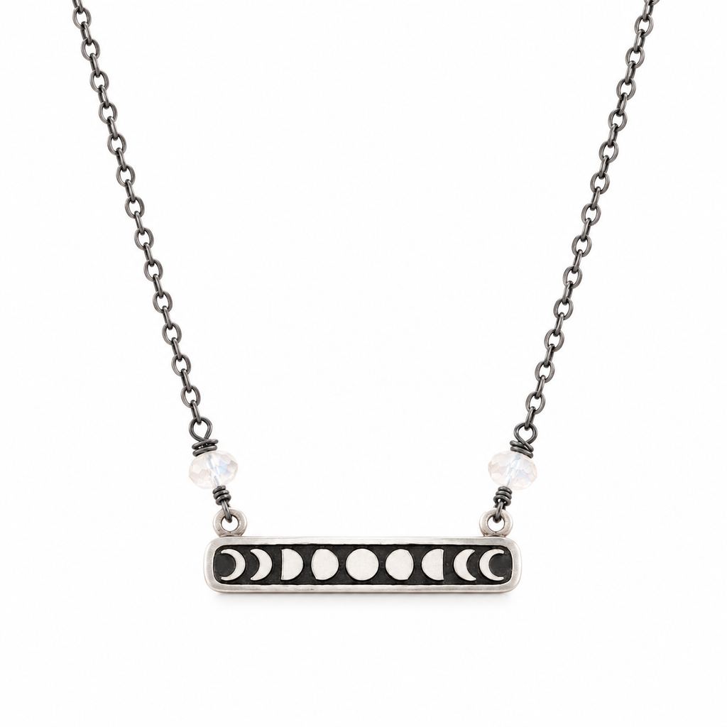 Celestial Moon Phase Charm - Oxidized Sterling Silver Necklace - Gift for Her