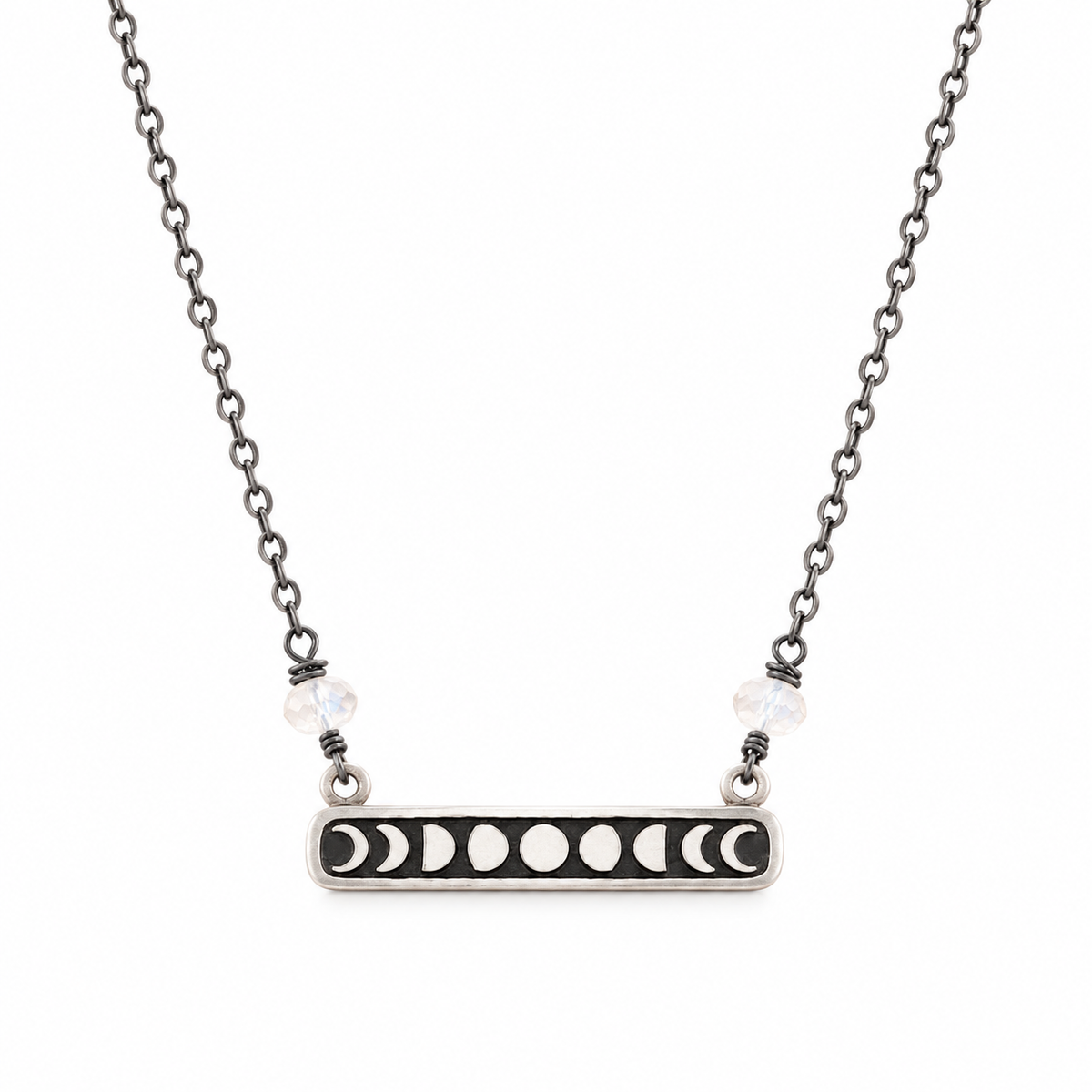Celestial Moon Phase Charm - Oxidized Sterling Silver Necklace - Gift for Her