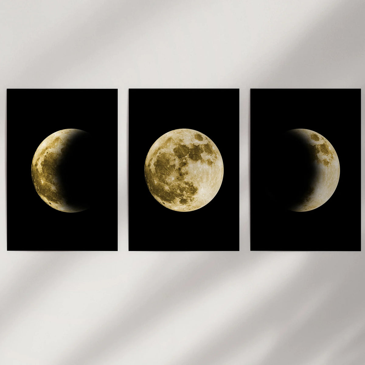 Celestial Moon 3 Piece Wall Decor. Gold Full Moon, Phases