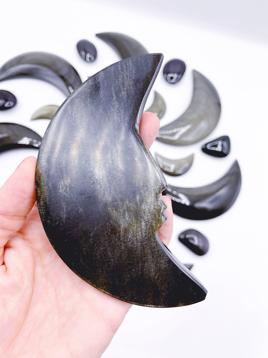 Gold Sheen Obsidian Carved Moon — 4.75 in