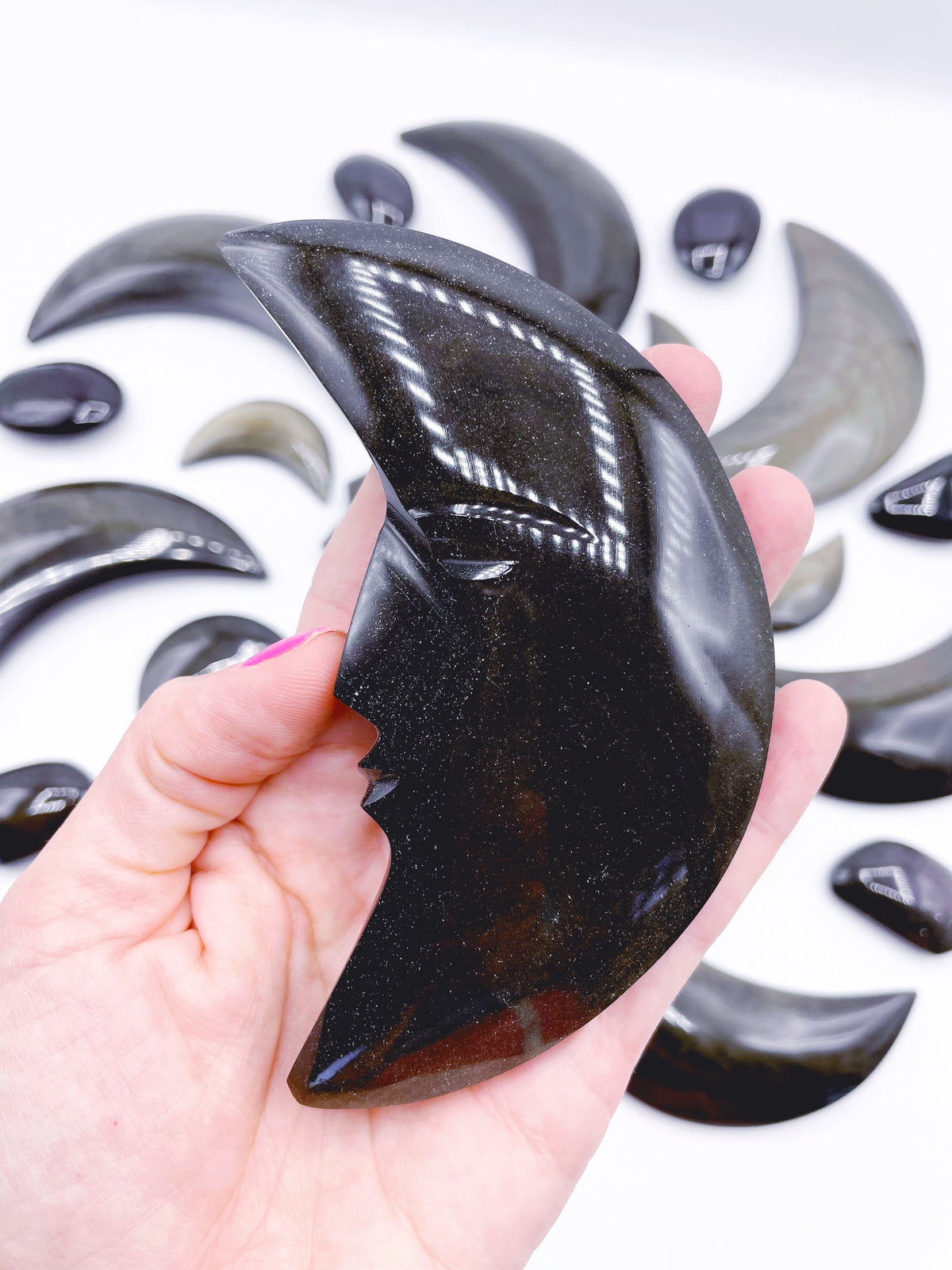 Gold Sheen Obsidian Carved Moon — 4.75 in