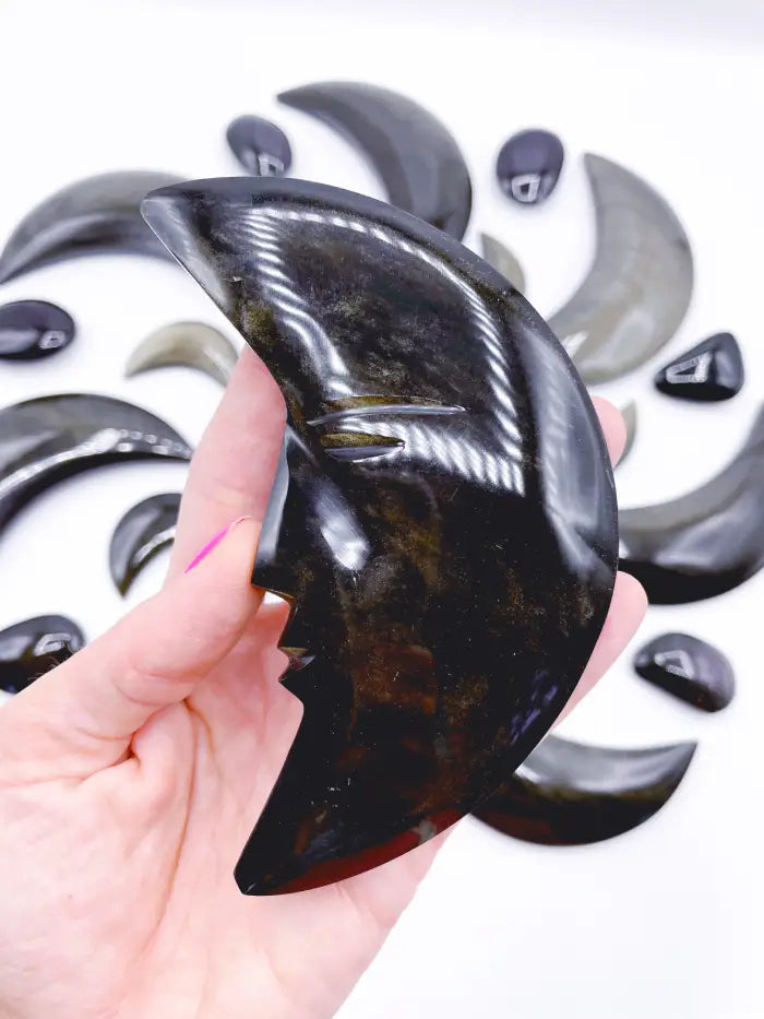 Gold Sheen Obsidian Carved Moon — 4.75 in