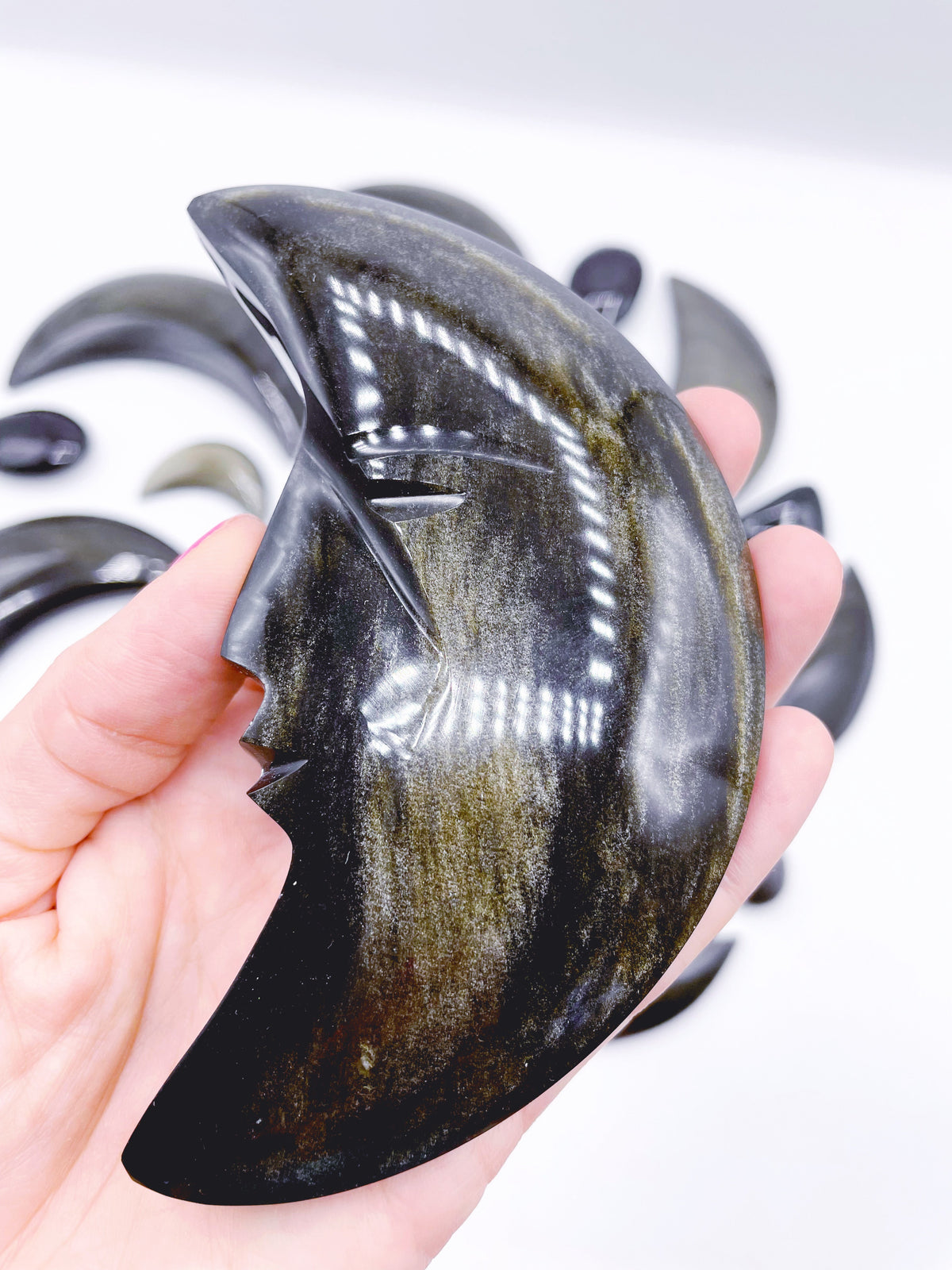 Gold Sheen Obsidian Carved Moon — 4.75 in