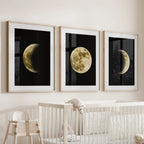 Celestial Moon 3 Piece Wall Decor. Gold Full Moon, Phases